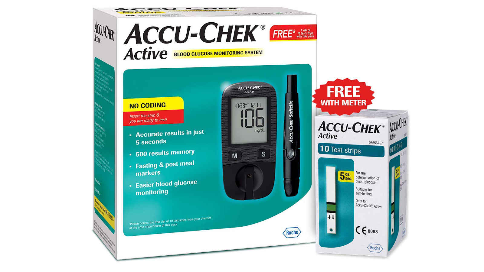 Emallcart AccuChek Active Blood Glucose Meter Kit Vial of 10 strips free Multicolor
